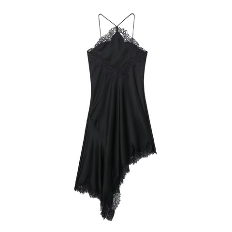 Abito Midi da Donna Sexy in Raso Nero Allacciato al Collo con Bordo in Pizzo Orlo Asimmetrico Senza Schienale per Festa