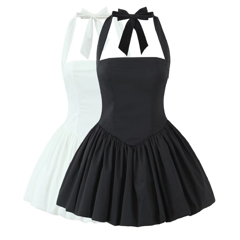 Sexy Halternek Rugloos Bubble Jurk Voor Dames Met Grote Strik Achterkant Vetersluiting Hoge Taille Effen Kleur Mini Partyjurk