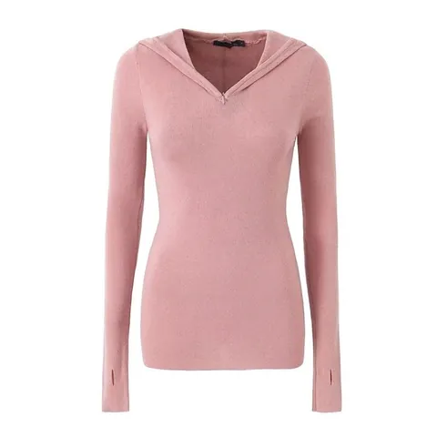 Damen Schlanke Passform Kapuzenpullover Strickjacke Halb Reißverschluss V-Ausschnitt Langarm Daumenloch Top Gerippt Casual Mode