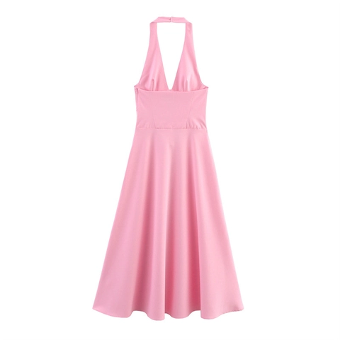 Women Halter Neck Sexy Backless Pink Midi Dress Deep V Neck Pleated A Line Elegant Sleeveless Summer Party Clubwear Dress