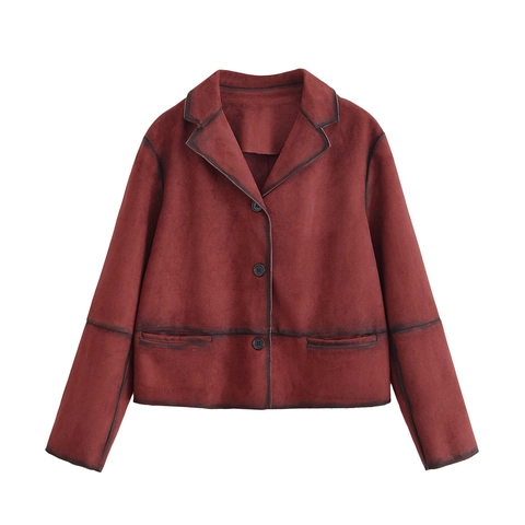 Women Vintage Wine Red Faux Suede Jacket Distressed Edges Lapel Long Sleeve Single Breasted Casual Short Outwear Coat