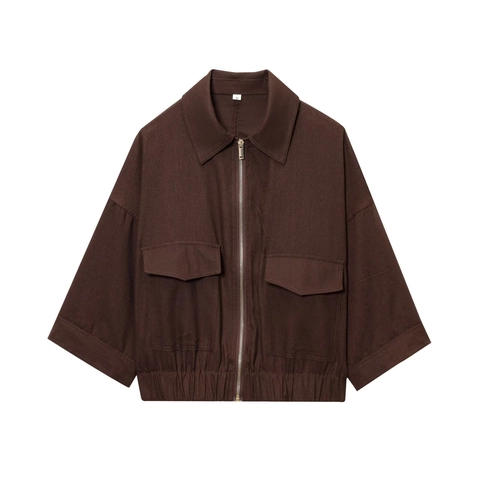 Women's Casual Utility Cargo Jacket Short Loose Fit Solid Color Lapel Long Sleeve Zip-Up Outwear With Large Pockets