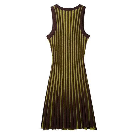 Damen Sexy Gestreiftes Strick Midi Kleid V Ausschnitt Ärmellos A-Linie Bodycon Tank Kleid Braun Grün Gestreift Mode