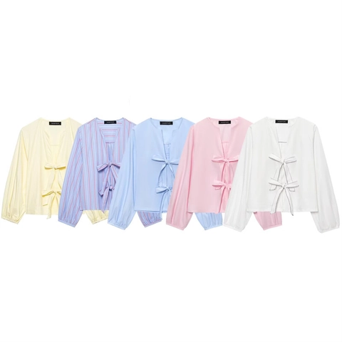 Blouse Élégante à Manches Longues Pour Femmes Avec Nœuds de Fermeture à l'Avant Rayures Couleur Unie Col en V Manches Lanternes Top Décontracté