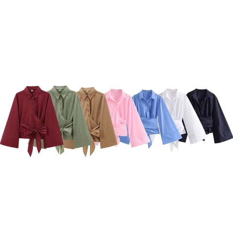 Women Wrap Poplin Shirt Long Flare Sleeve Lapel Tie Bow Waist Solid Chic Blouse Office Lady Tops TC Cotton Polyester Blend