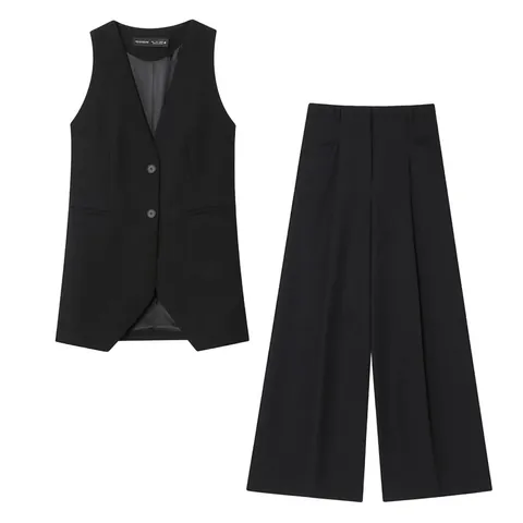 Damen Casual Satin Weste Und High Waist Hose Mit Weitem Bein Set Büro Professionell Ärmelloses Top Lockere Hose Outfit