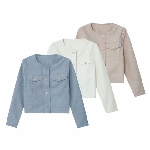 Women Elegant Short Jacket Round Neck Single Breasted Gold Button Long Sleeve Polyester Casual Crop Coat For Autumn