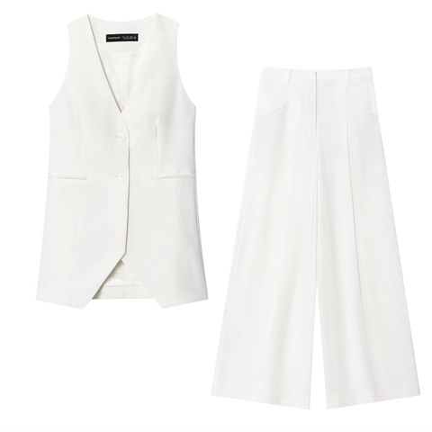 Damen Casual Satin Weste Und High Waist Hose Mit Weitem Bein Set Büro Professionell Ärmelloses Top Lockere Hose Outfit