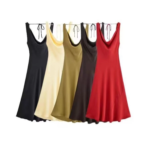 Elegante Midi-Jurk van Satijn met Gedrapeerde Hals Open Rug Kruisstriksluiting Mouloos Effen Jurk voor Dames