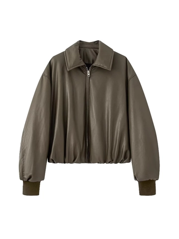 Giacca da Donna in Pelle PU Imbottita di Cotone Invernale Calda Larga Oversize Bomber Cappotto Corto Con Revers e Cerniera