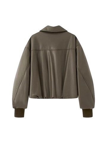 Giacca da Donna in Pelle PU Imbottita di Cotone Invernale Calda Larga Oversize Bomber Cappotto Corto Con Revers e Cerniera