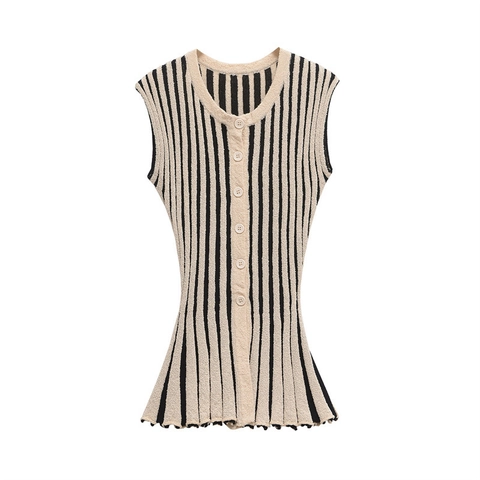 Top Smanicato in Maglia a Righe Verticali Con Bottoni E Pantaloni a Zampa a Vita Alta Completo Casual Streetwear per Donna