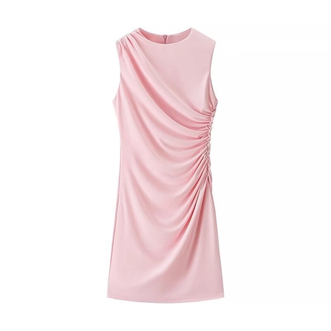 Women Ruched Sleeveless Mini Dress Satin Polyester Round Neck Side Gathered Short Slim Fit Solid Color Casual Summer Party Dress