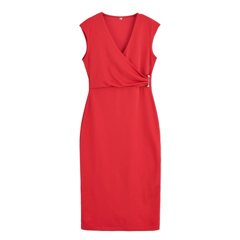 Vestito Donna Senza Maniche Scollo a V a Portafoglio Con Spilla in Metallo Dorato Slim Fit Elegante Abito Midi
