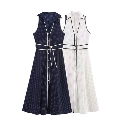 Vestido Largo Sin Mangas Con Lunares Retro Para Mujer Cuello En V Solapa Corte A Verano Casual Vestido Largo Con Cinturón Ajustable