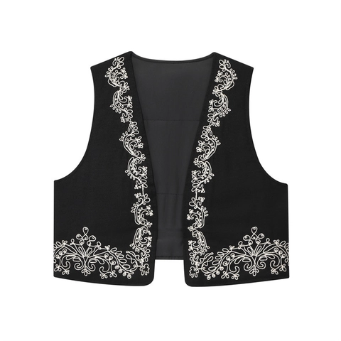 Dames Vintage Geborduurd Kort Vest Mouwloos Open Voorkant Taille Vest Casual Etnische Stijl Zwart Bovenkleding Vest Top