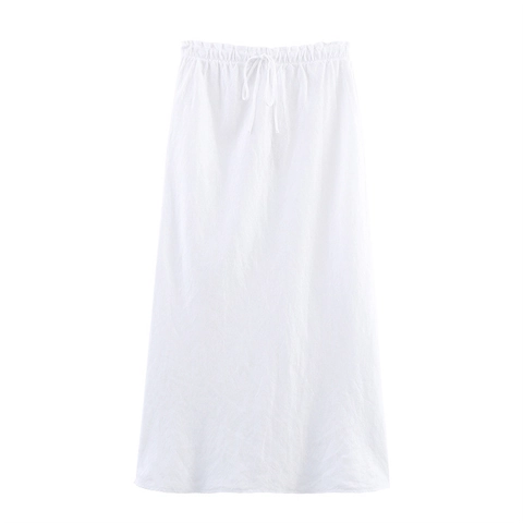 Gonna Midi da Donna in Lino a Vita Alta Estate Coulisse Vita Elastica Linea A Casual Tinta Unita a Righe Moda Mare