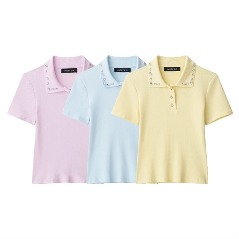 Dames Elegant Ribgebreid Poloshirt Korte Mouw Met Strass Kraag Slim Fit Effen Kleur Zomer Top