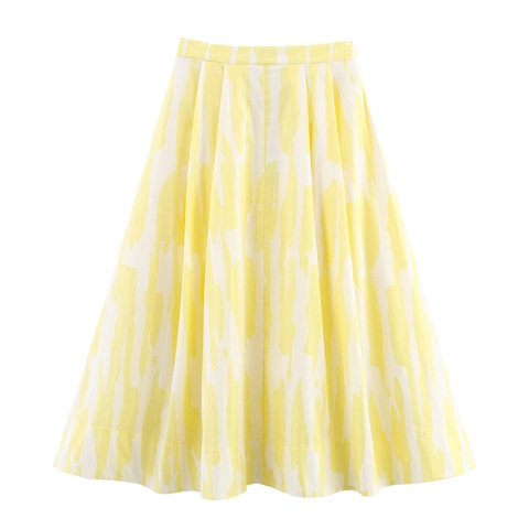 Gonna Midi Donna a Vita Alta a Linea A Giallo Bianco Stampa Astratta Artistica Plissettata Stile Occidentale Streetwear Casual