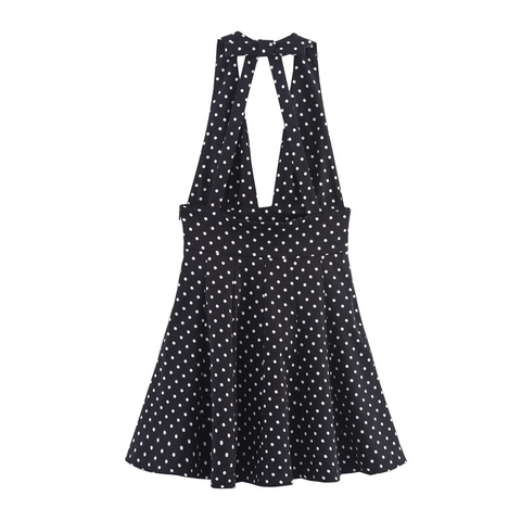 Dames Vintage Polka Dot Halter Mini Jurk Diepe V-Hals Rugloos Strik A-Lijn Geplooid Zomer Mouwloos Feest Vakantie Jurk