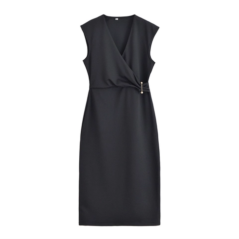Vestito Donna Senza Maniche Scollo a V a Portafoglio Con Spilla in Metallo Dorato Slim Fit Elegante Abito Midi
