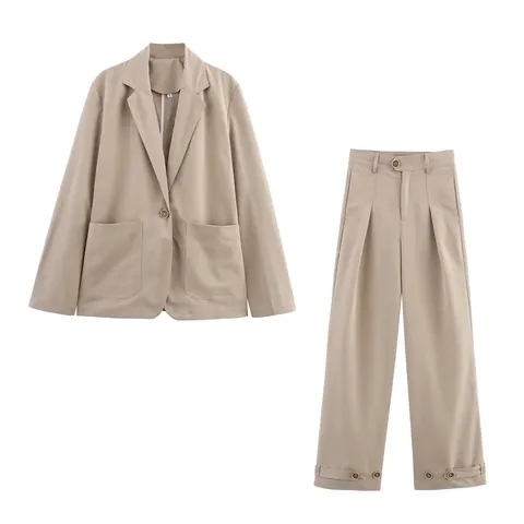 Completo Casual da Donna Blazer Cachi e Pantaloni a Gamba Larga Due Pezzi Giacca con Rever Monopetto e Pantaloni a Pieghe