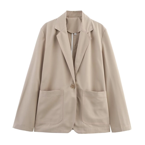 Completo Casual da Donna Blazer Cachi e Pantaloni a Gamba Larga Due Pezzi Giacca con Rever Monopetto e Pantaloni a Pieghe