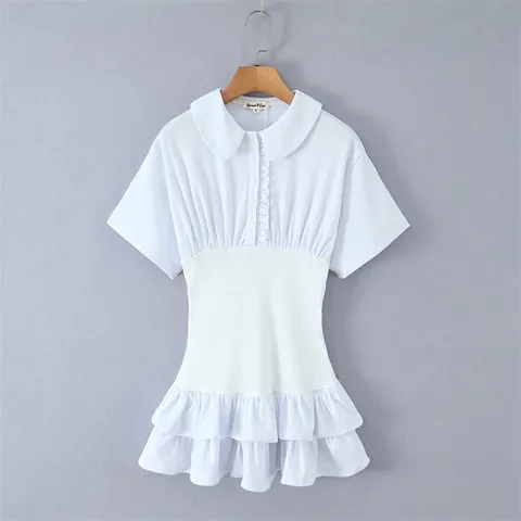 Elegante Witte Mini Jurk Met Peter Pan Kraag En Korte Mouwen Met Ruffle Zoom En Elastische Taille Voor Dames Casual Feest