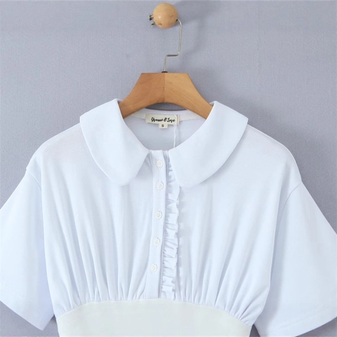 Elegante Witte Mini Jurk Met Peter Pan Kraag En Korte Mouwen Met Ruffle Zoom En Elastische Taille Voor Dames Casual Feest