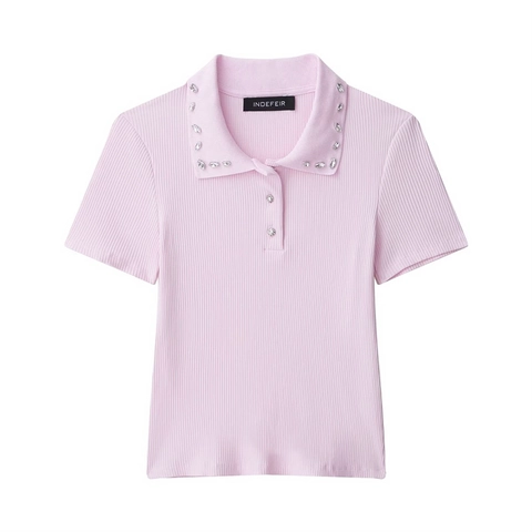 Dames Elegant Ribgebreid Poloshirt Korte Mouw Met Strass Kraag Slim Fit Effen Kleur Zomer Top