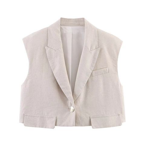 Donna Casual Misto Cotone Lino Gilet E Pantaloni Gamba Larga Senza Maniche Rever Panciotto Pantaloni Dritti Con Cintura Beige