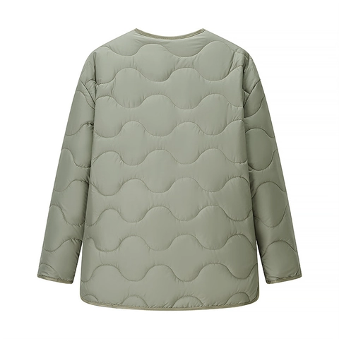 Women's Casual Lightweight Wave Quilted Jacket Long Sleeve Round Neck Solid Color Single Breasted Snap Button Cotton Padded Coat