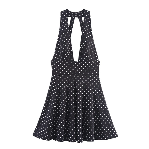 Dames Vintage Polka Dot Halter Mini Jurk Diepe V-Hals Rugloos Strik A-Lijn Geplooid Zomer Mouwloos Feest Vakantie Jurk