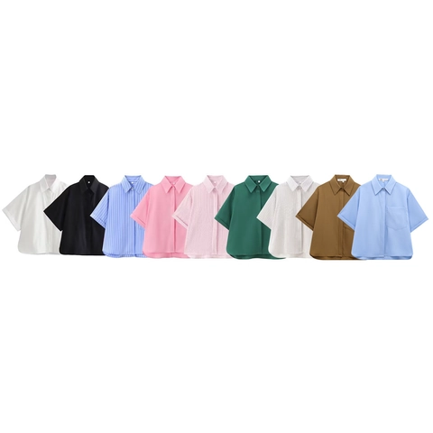 Camicia da Donna in Popeline Casual Bottoni Colletto a Revers Vestibilità Larga Manica Corta Top Estivo Con Tasca Tinta Unita Righe