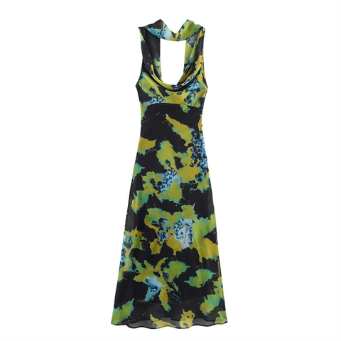 Damen Abstrakter Druck Wasserfallausschnitt Neckholder Maxi Kleid Sexy Rückenfrei Ärmellos Chiffon Langes Kleid Sommer Party Urlaub