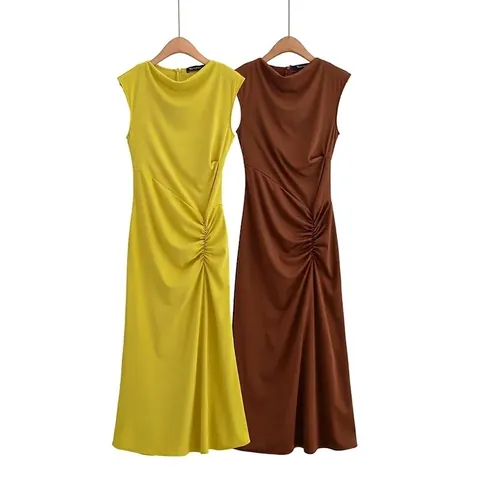 Dames Sexy Mouwloos Drapeéhals Geplooide Midi Jurk Elegant Effen Kleur Slim Fit Zomer Bodycon Club Party Jurken Voor Dames