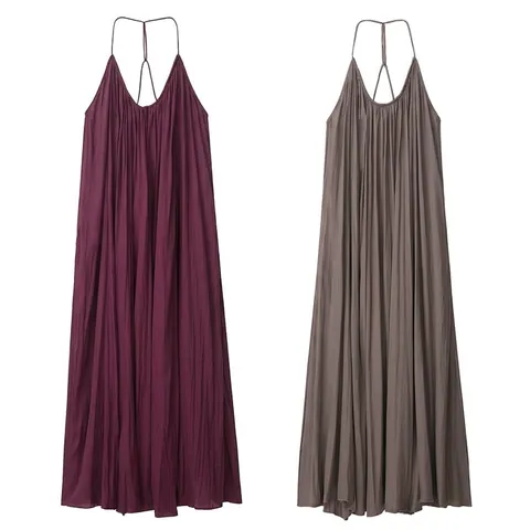 Damen Sexy Plissee Halter Maxi Kleid Ärmellos Rückenfrei A-Linie Lang Camisole Kleid Für Sommerurlaub Alltag