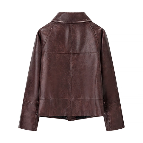 Women's Retro Faux Leather Jacket Casual Loose PU Outwear Lapel Three Button Dark Brown Jacket Long Sleeve Streetwear Top