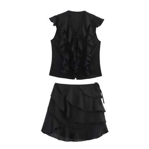 Outfit Moda Donna Camicia Senza Maniche Scollo V Con Volant E Minigonna A Balze Due Pezzi Streetwear Estivo Nero