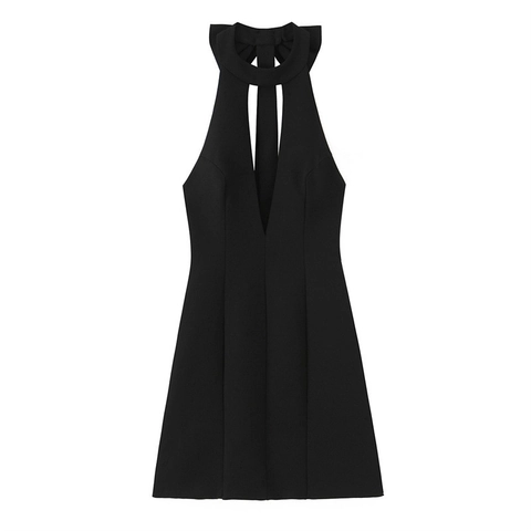 Women Sexy Halter Neck Deep V Cut-Out Mini A-Line Dress With Large Bow Detail Solid Black Polyester Party Clubwear