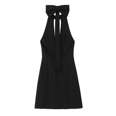 Women Sexy Halter Neck Deep V Cut-Out Mini A-Line Dress With Large Bow Detail Solid Black Polyester Party Clubwear