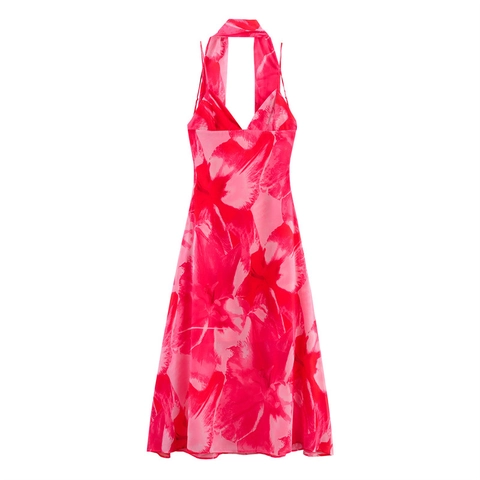 Dames Sexy Halternek Bloemenprint Rugvrij Jurk Mouwloos V-Hals A-Lijn Zomervakantie Feest Maxi Jurk Polyester