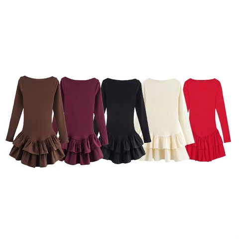 Damen Schlank Minikleid Mit Rüschensaum Langarm Gestuftes Polyesterkleid Casual Rundhalsausschnitt Einfarbiges KurzKleid