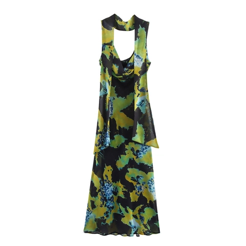 Damen Abstrakter Druck Wasserfallausschnitt Neckholder Maxi Kleid Sexy Rückenfrei Ärmellos Chiffon Langes Kleid Sommer Party Urlaub