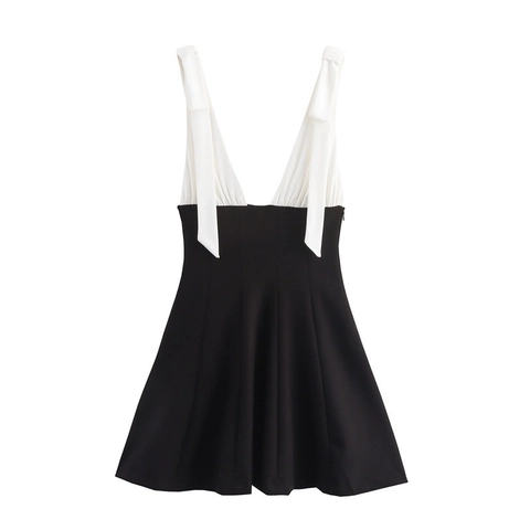 Vestido Corto de Mujer Sexy Spice Girl con Lazo Blanco y Negro Bloques de Color Escote en V Profundo Sin Mangas Línea A Fiesta