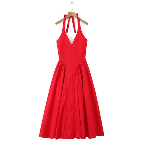 Donna Elegante Rosso Abito Scollo Halter Profondo Scollo a V Schiena Scoperta Plissettato Vita Alta Linea ad A Maxi Abito Moda Vacanza Festa Abito Lungo