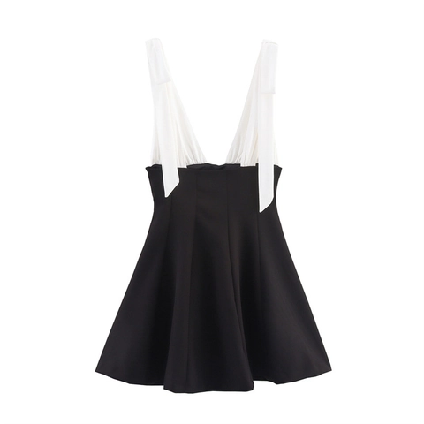 Vestido Corto de Mujer Sexy Spice Girl con Lazo Blanco y Negro Bloques de Color Escote en V Profundo Sin Mangas Línea A Fiesta