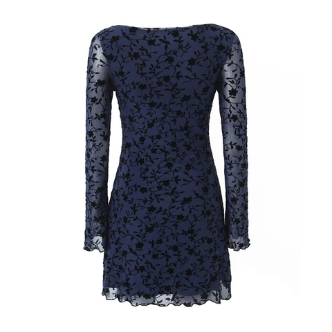 Damen Sexy U-Boot-Ausschnitt Netzstoff Beflockung Blumen Mini Kleid Glockenärmel Bodycon Vintage Clubwear Partykleid