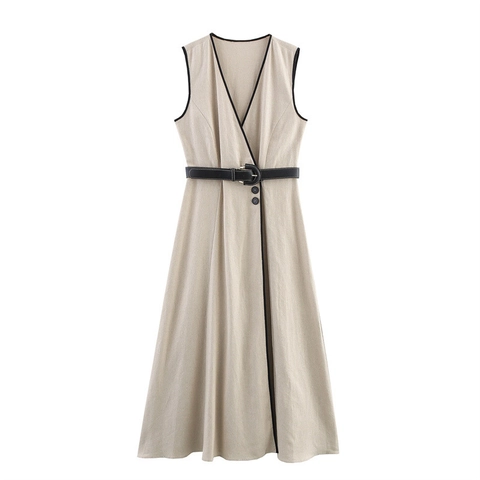 Vestido Midi Sin Mangas con Cuello en V de Estilo Francés Con Cinturón Ribete en Contraste Mezcla de Lino Avena Elegante Vestido de Línea A para Mujer