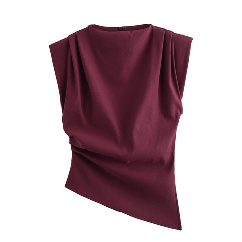 Women Elegant Sleeveless Polyester Top Solid Color Draped Pleated Asymmetric Hem With Shoulder Pads Fashion Blouse For Office Lady
